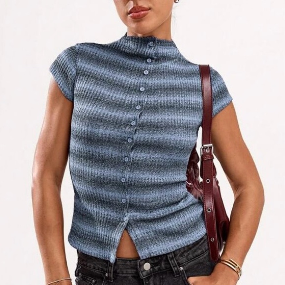 Shein Casual Striped Polo Collar Short Sleeve Button Front T-Shirt